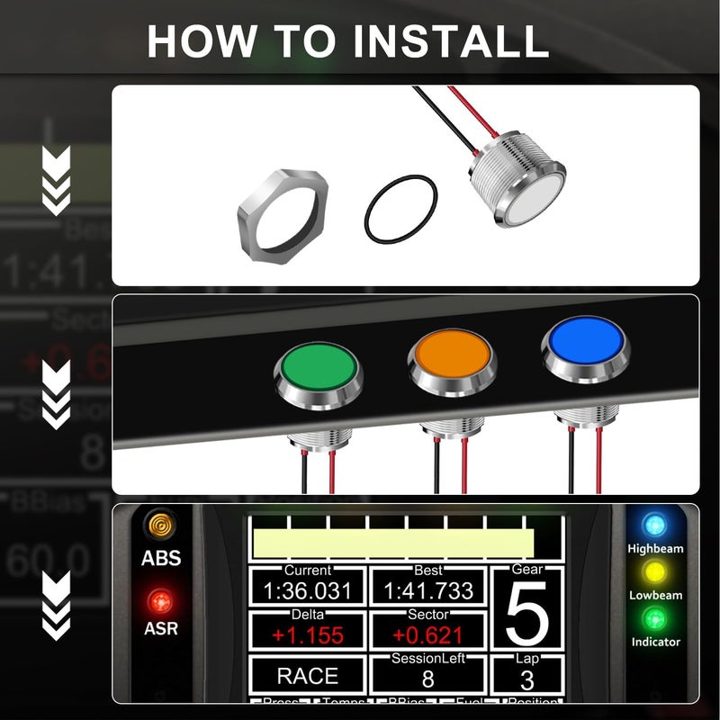 FICOLPO 5 قطع ضوء مؤشر معدني LED مقاوم للماء، 12-24 فولت، ثقب تركيب بقطر 0.87 بوصة، ضوء إشارة طيار موصل مسبقًا للسيارات والشاحنات والقوارب والبحرية والعدادات والكهرباء الصناعية (أزرق، 22 مم) - Image 4